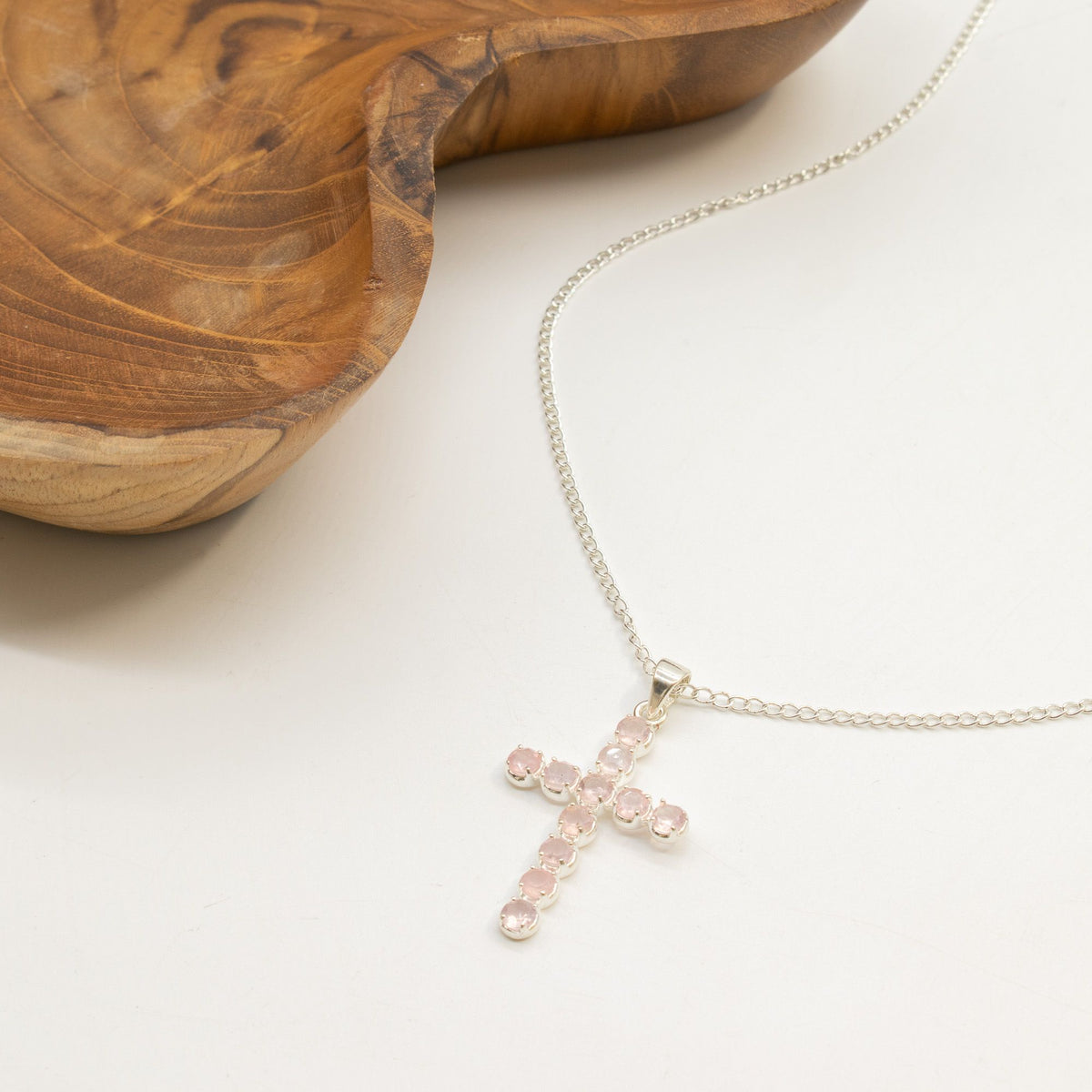 Rose Quartz Crucifix Pendant Necklace on Silver Plated Chain – view 5