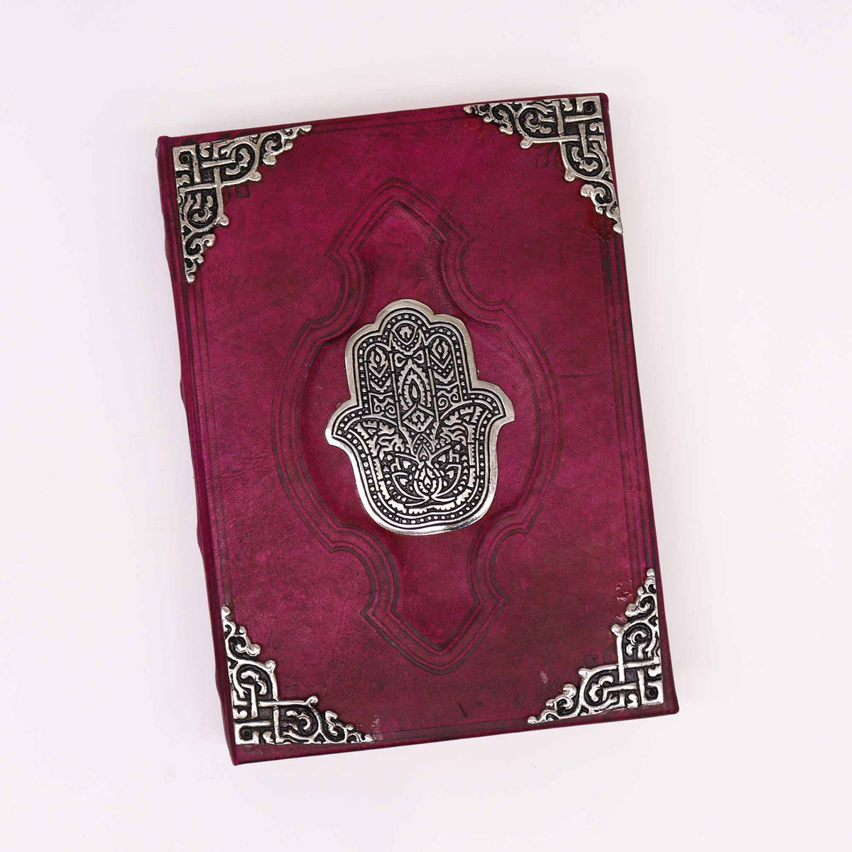 Hefty Red Tan Leather Book, Zinc Hamsa – 18x26 cm
