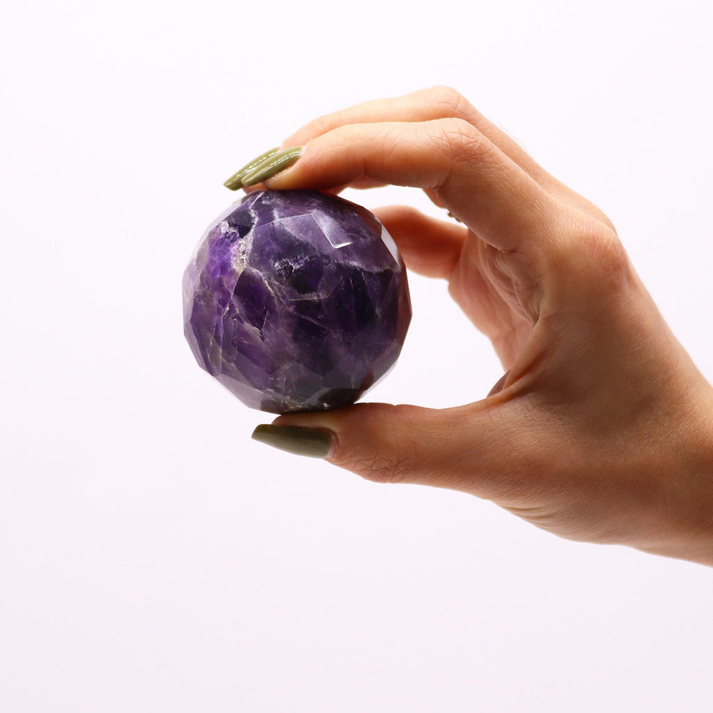 Faceted Amethyst Healing Ball with Wooden Stand – view 2
