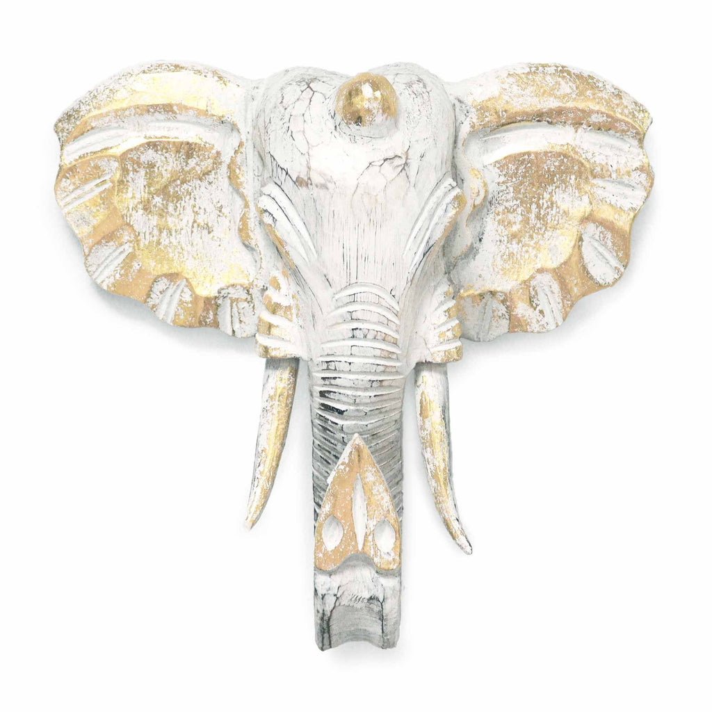 Large Wood Elephant Head, Gold and Whitewash – view 5