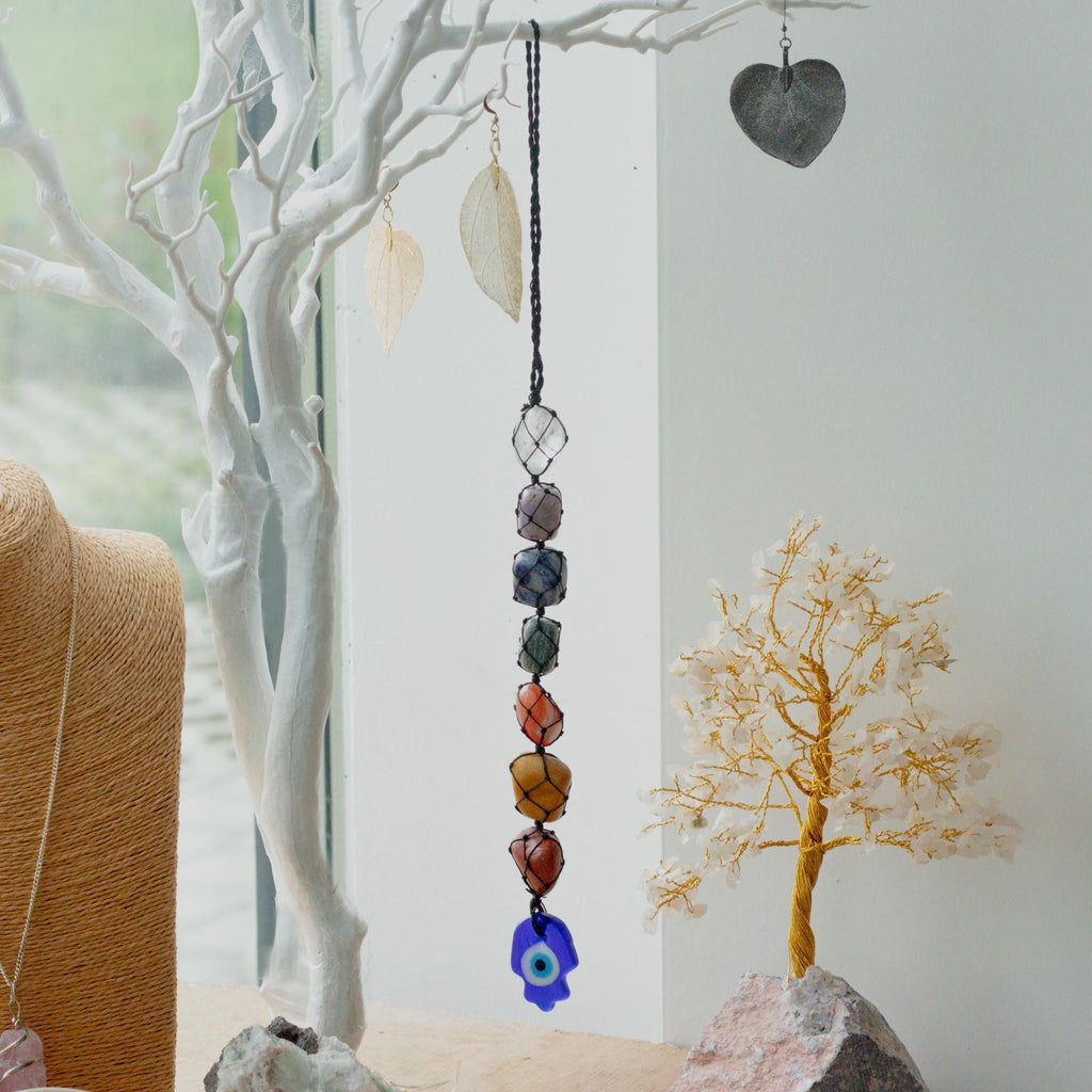 Seven Chakra Hanging Pendant with Hamsa and Evil Eye