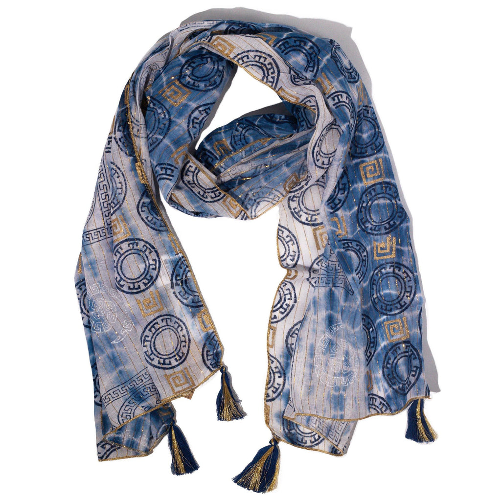 Nomad Sari Blue Marbella Print Scarf with Gold (180 x 50 cm)