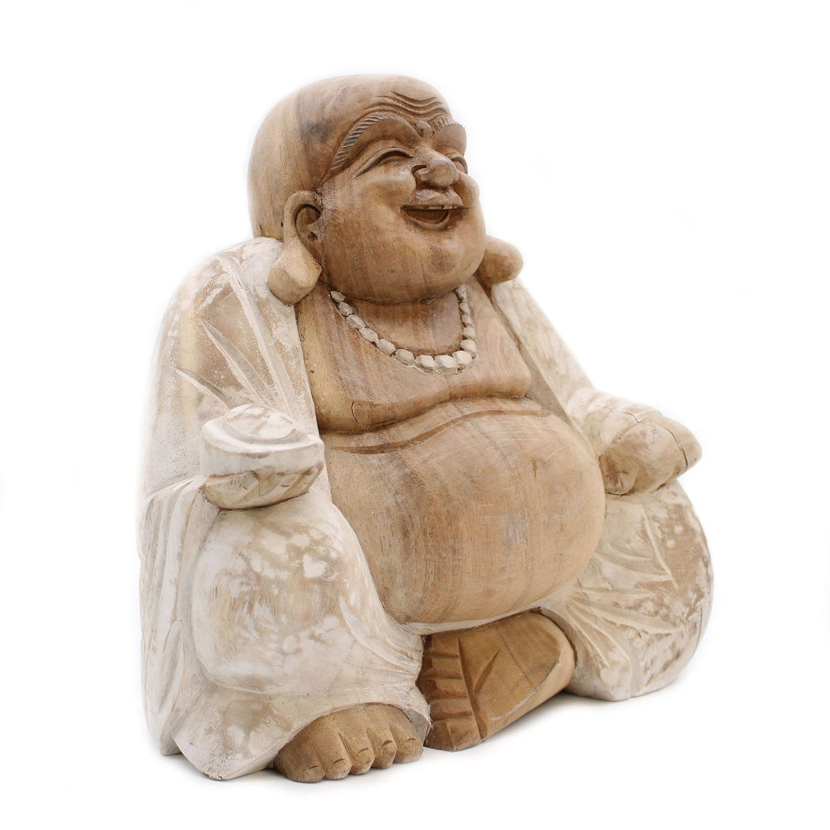 Hand Carved Happy Buddha Statue, Whitewash, 30cm – view 5