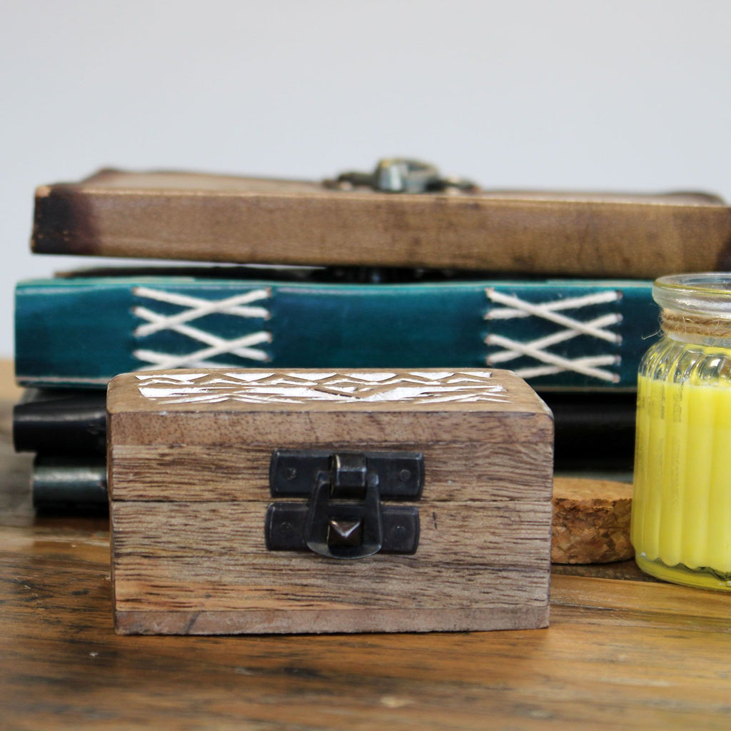 White Wash Mango Wood Pill Box, Aztec Design – view 3