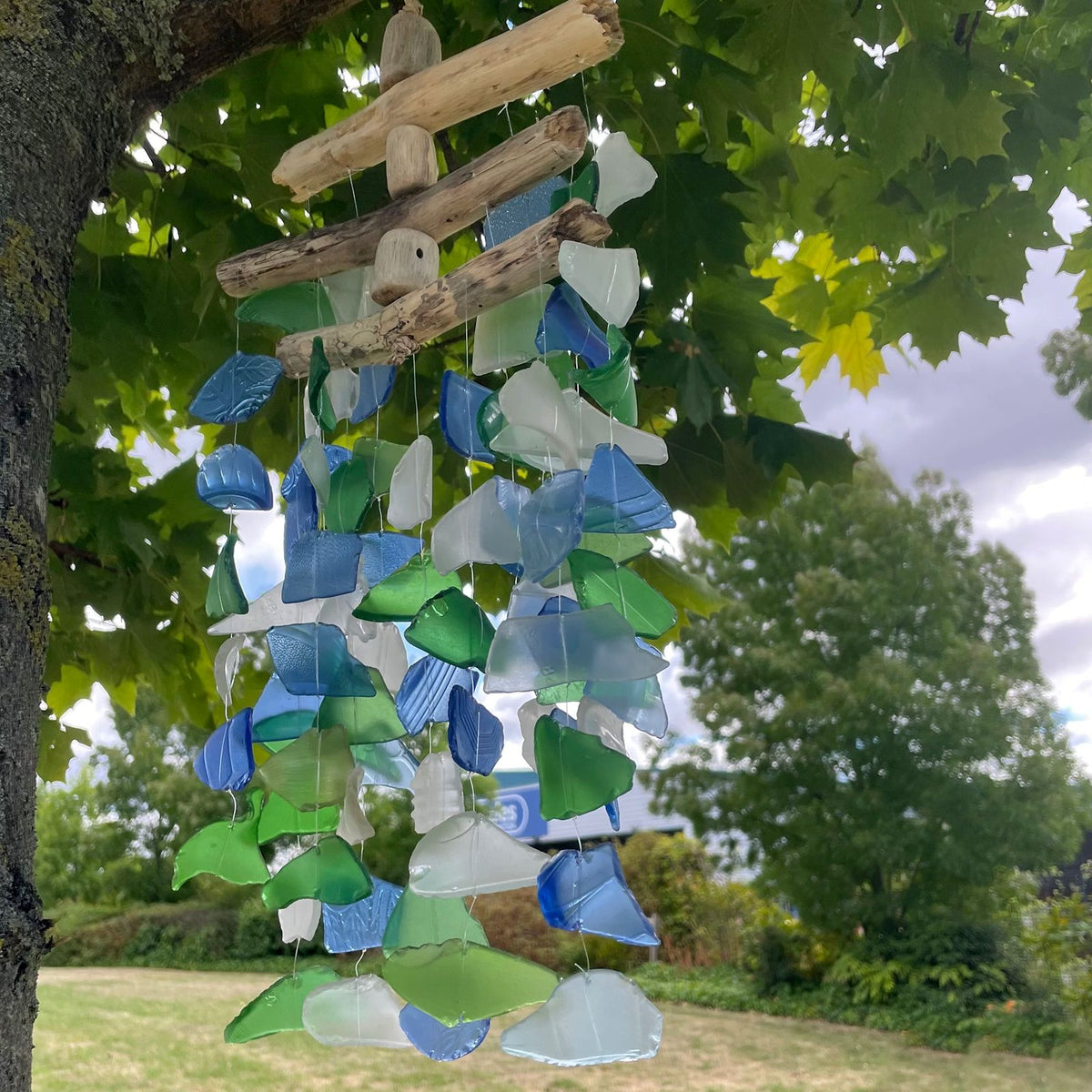 Recycled Glass Wind Chime - Flexible Sticks, Green/White/Blue