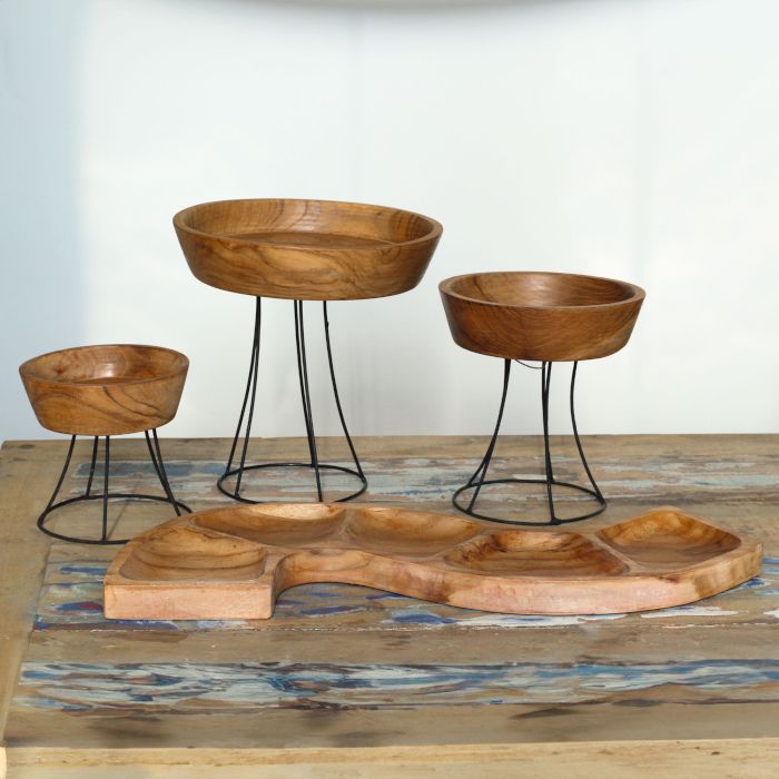 Set of 3 Elevated Teak Bowls on Metal Stands – view 2