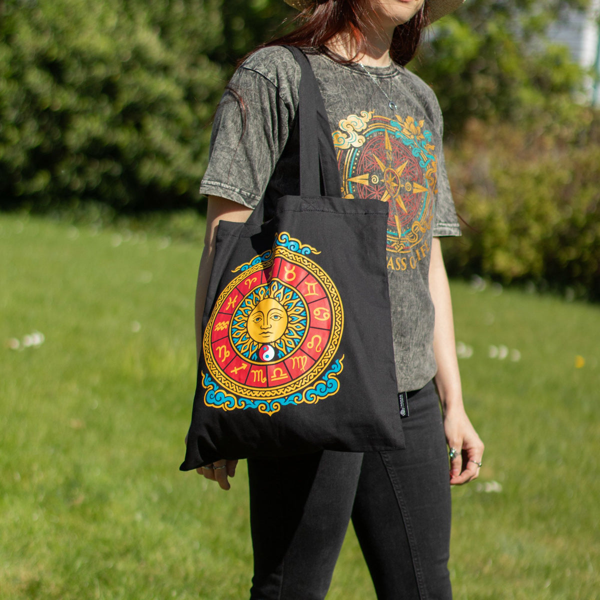 Zodiac Sun Cotton Tote Bag - Black – view 7