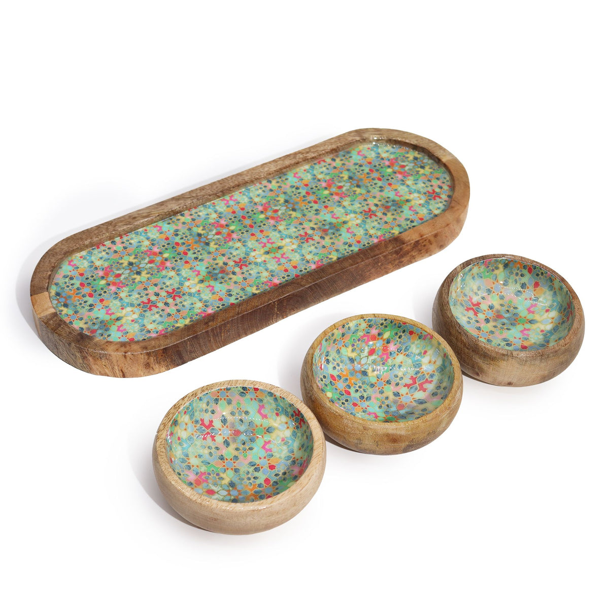 Mango Wood Tray with 3 Bowls - Mediterranean Tile – view 6
