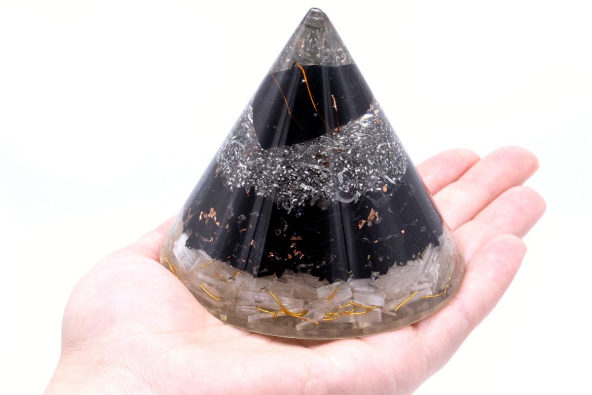Orgonite Cone, Selenite and Black Tourmaline, Copper, 90mm – view 2