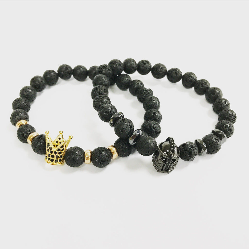 Lava Stone Bracelet with Gold Crown Charm – view 2