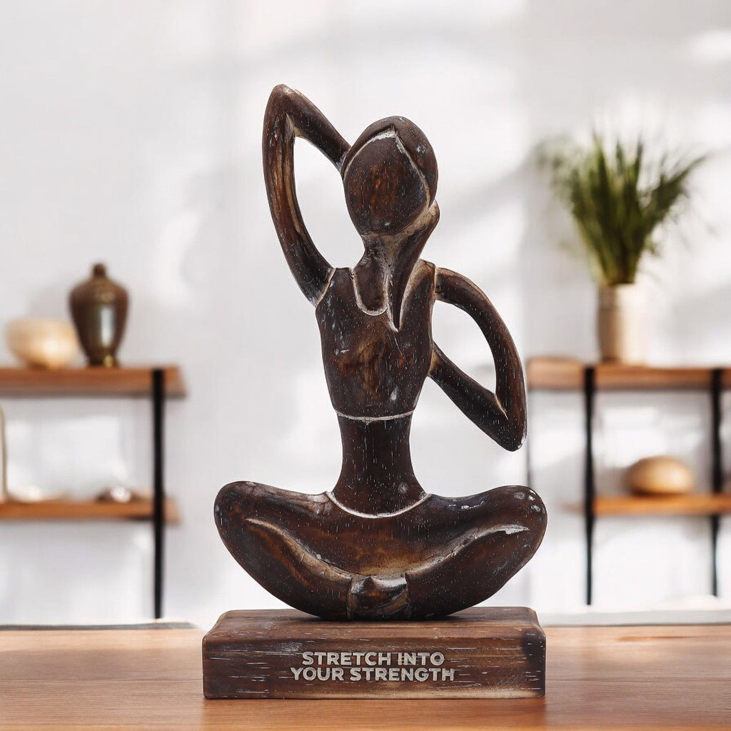 Wooden Yoga Lady Statue - Cow Face Pose, Antique Finish – view 3