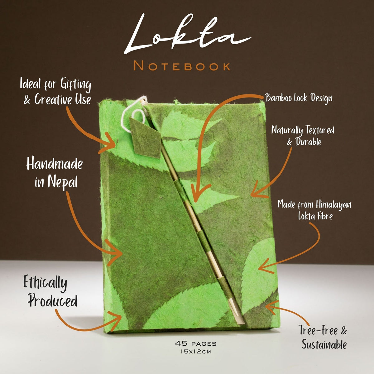 Lokta Bold Floral Notebook – Medium, Bamboo Lock – Moss Green – view 5