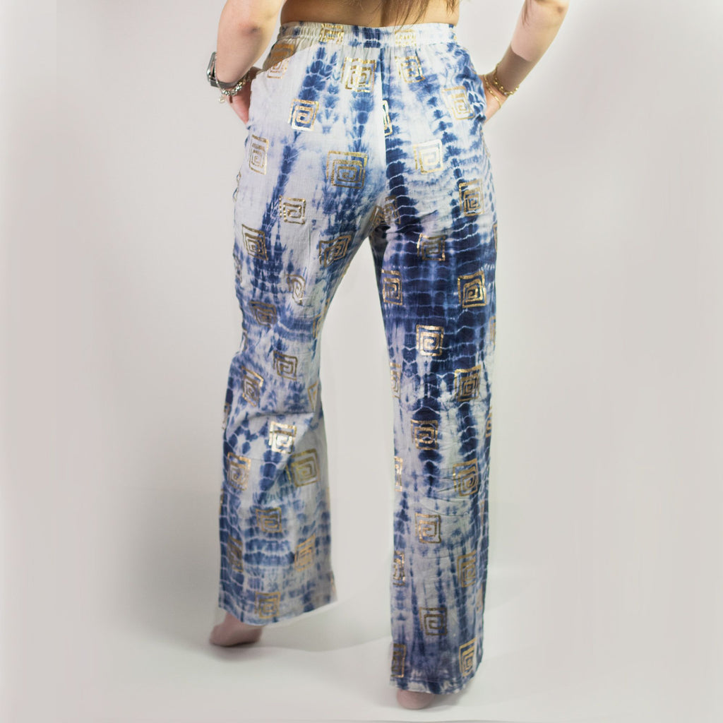 Nomad Sari Hand-Painted Lounge Pants - Gold & Blue Greek Motif M/L – view 6