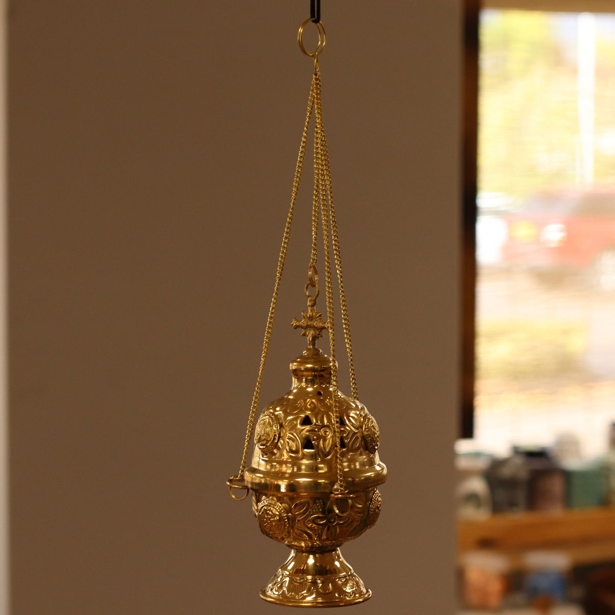Hanging Brass Incense Burner with Cross Finial