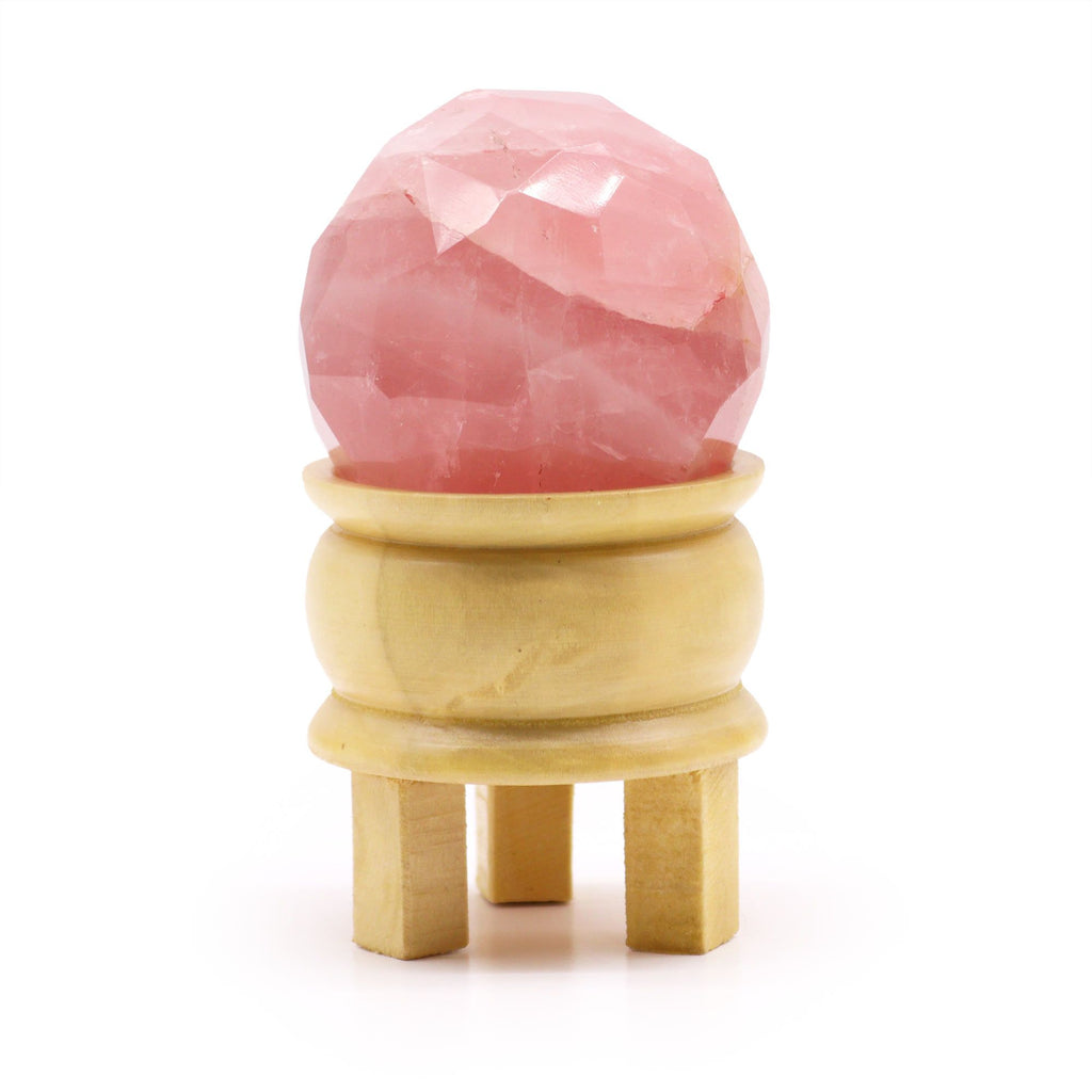 Faceted Rose Quartz Healing Ball with Wooden Stand – view 2