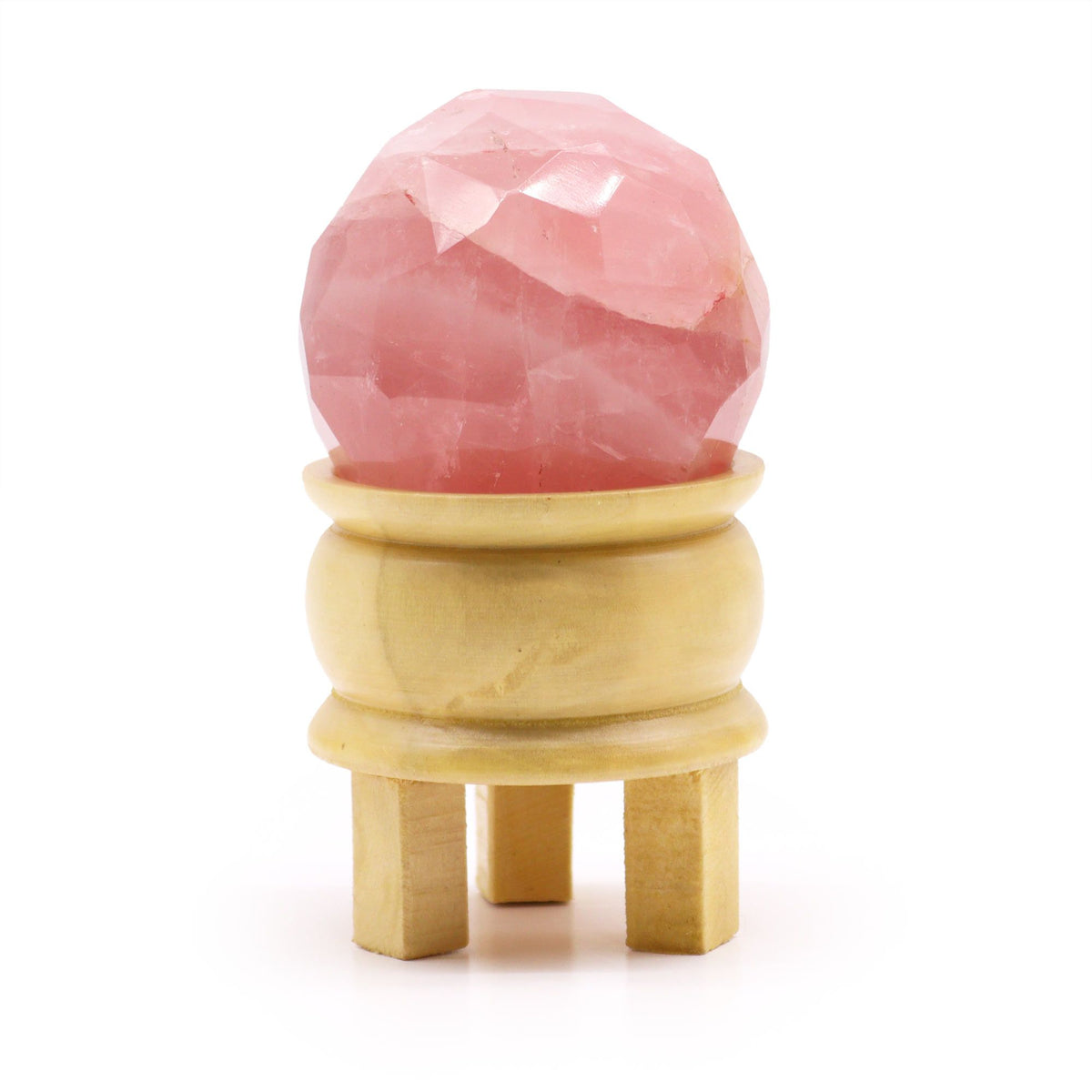 Faceted Rose Quartz Healing Ball with Wooden Stand – view 2