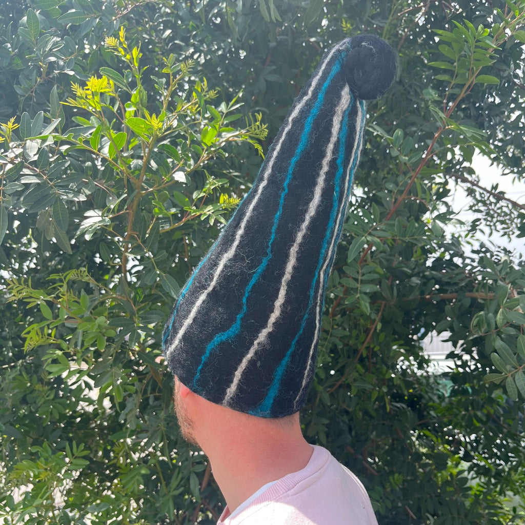 Felted Wool Sauna Wizard Hat - Black with Blue Streaks