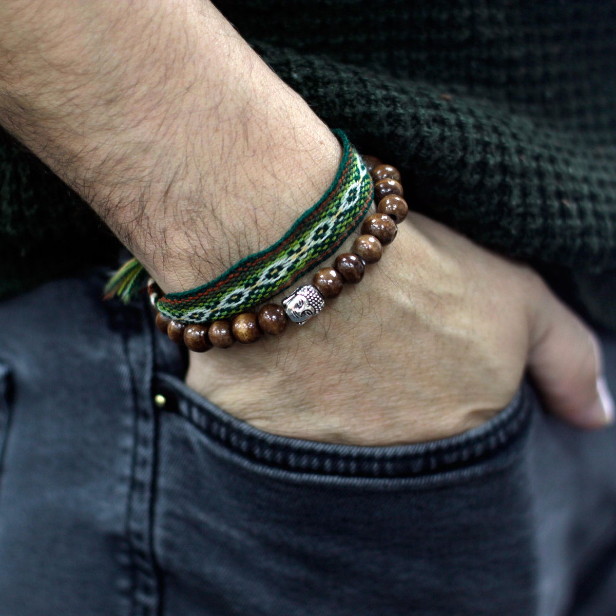 Brown Wood Beads Bracelet with Buddha Charm – view 2