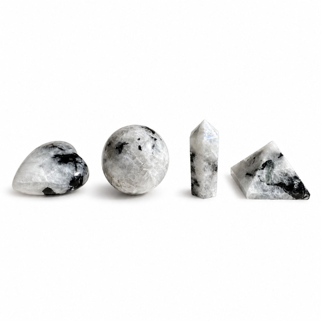 Rainbow Moonstone Shapes Set - Heart, Sphere, Obelisk, Pyramid