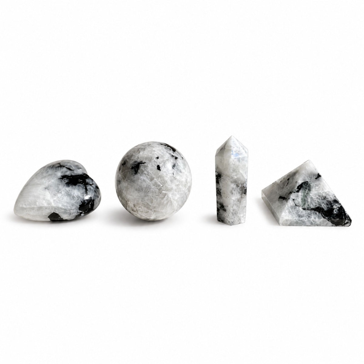 Rainbow Moonstone Shapes Set - Heart, Sphere, Obelisk, Pyramid