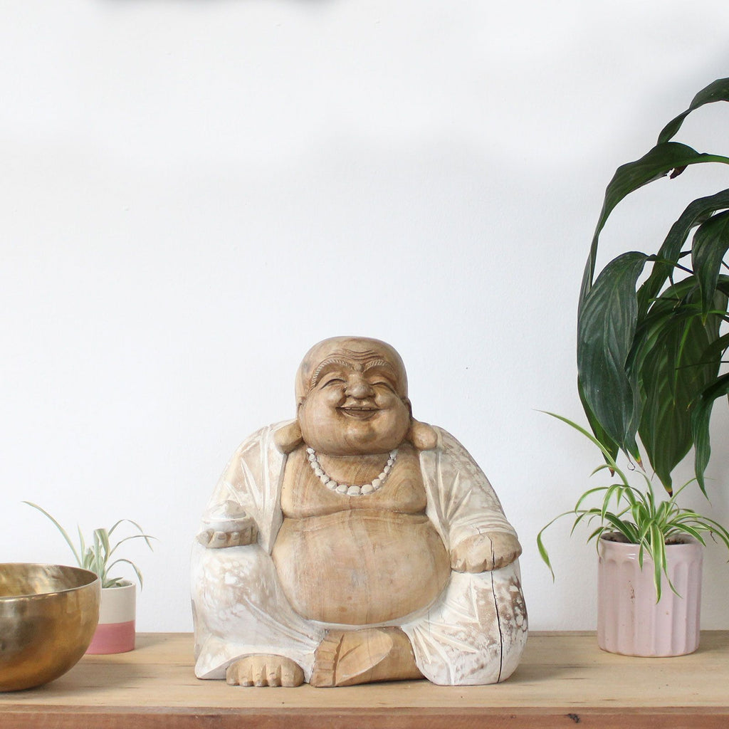 Hand Carved Happy Buddha Statue, Whitewash, 30cm – view 4