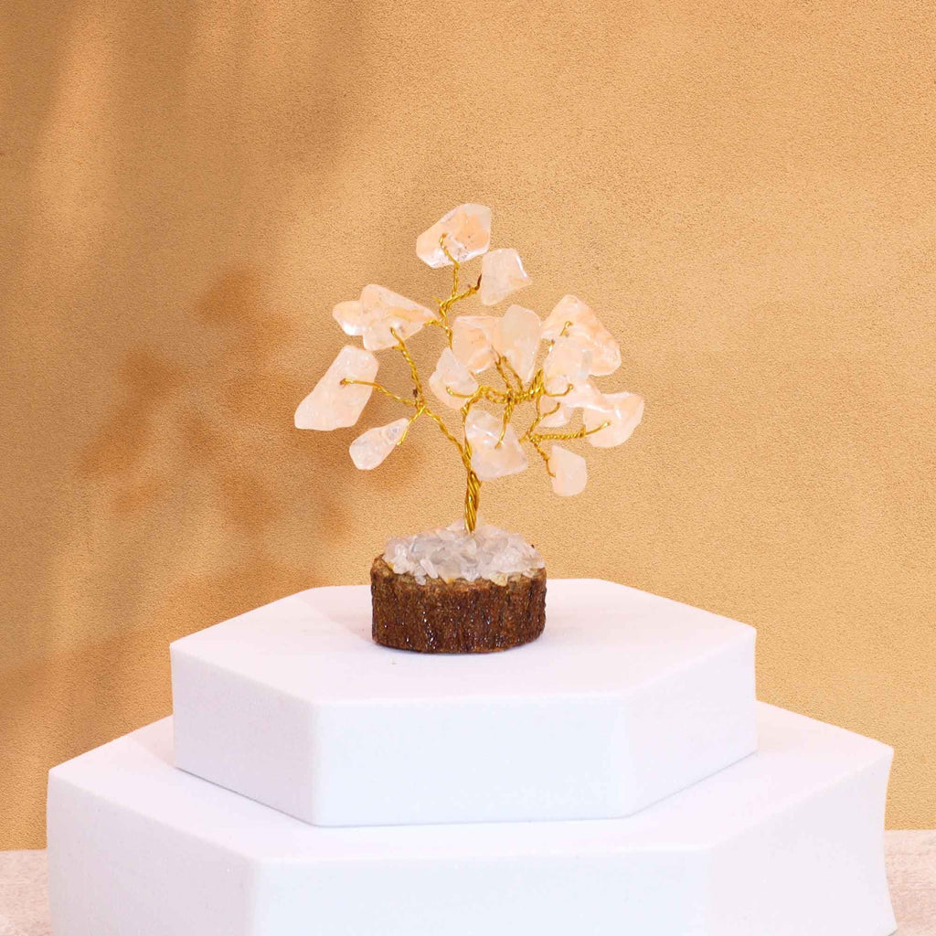 Rock Quartz Mini Gemstone Tree on Wood Base, 15 Stones