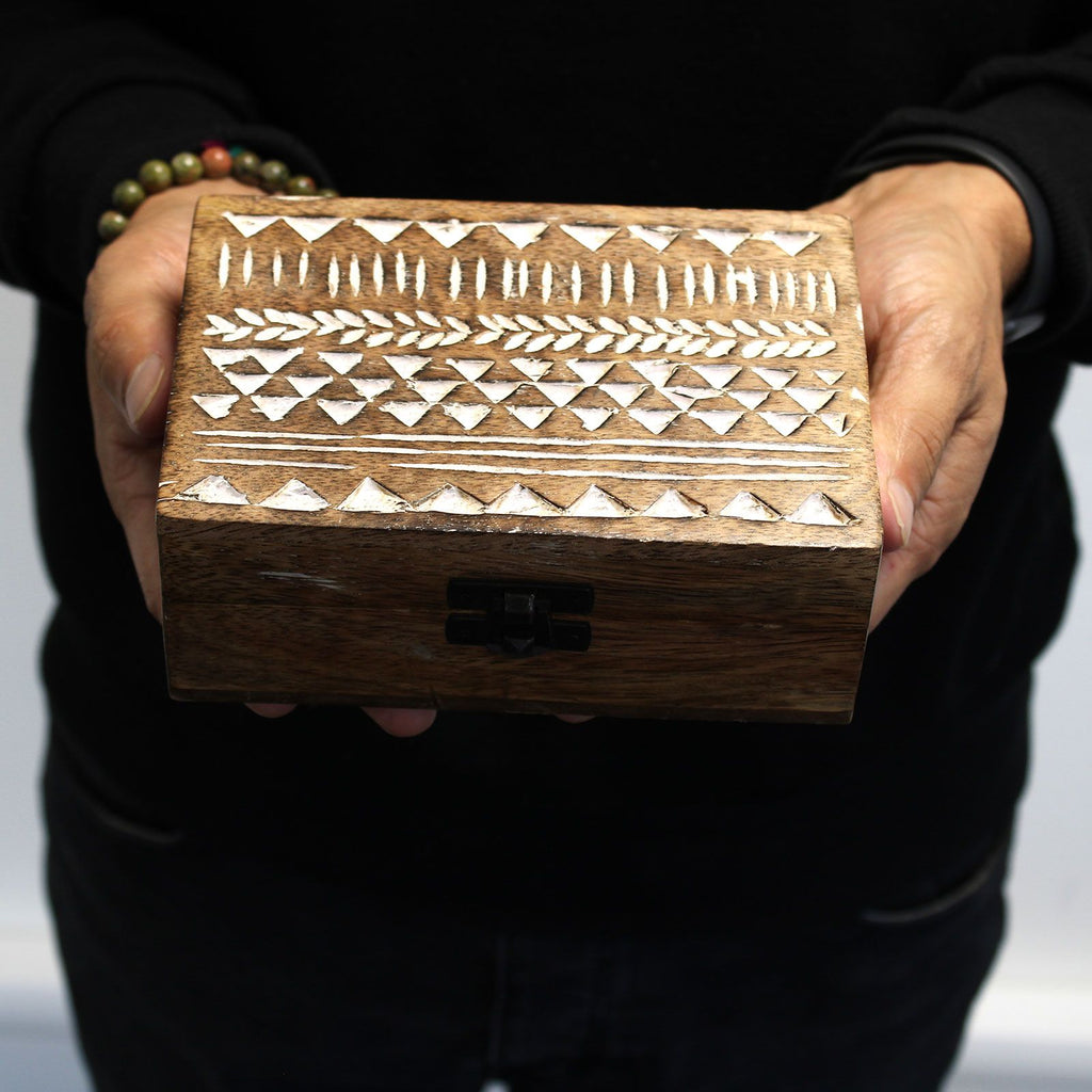 White Wash Mango Wood Pill Box, Aztec Design – view 2