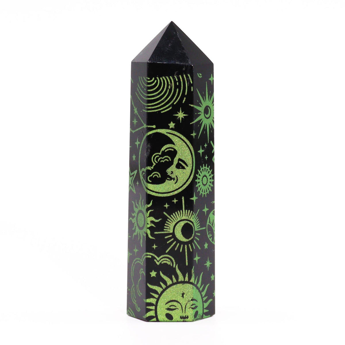 Engraved Black Obsidian Point - Forest Green Celestial Symbols – view 6