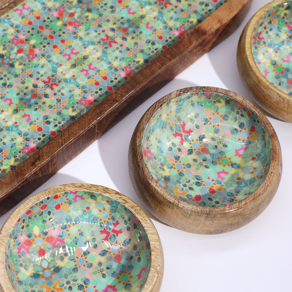 Mango Wood Tray with 3 Bowls - Mediterranean Tile – view 5