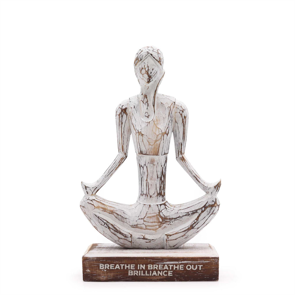 Wooden Yoga Lady Statue - Easy Pose, Whitewash Finish