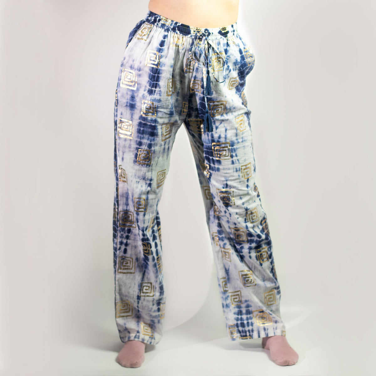 Nomad Sari Hand-Painted Lounge Pants - Gold & Blue Greek Motif M/L