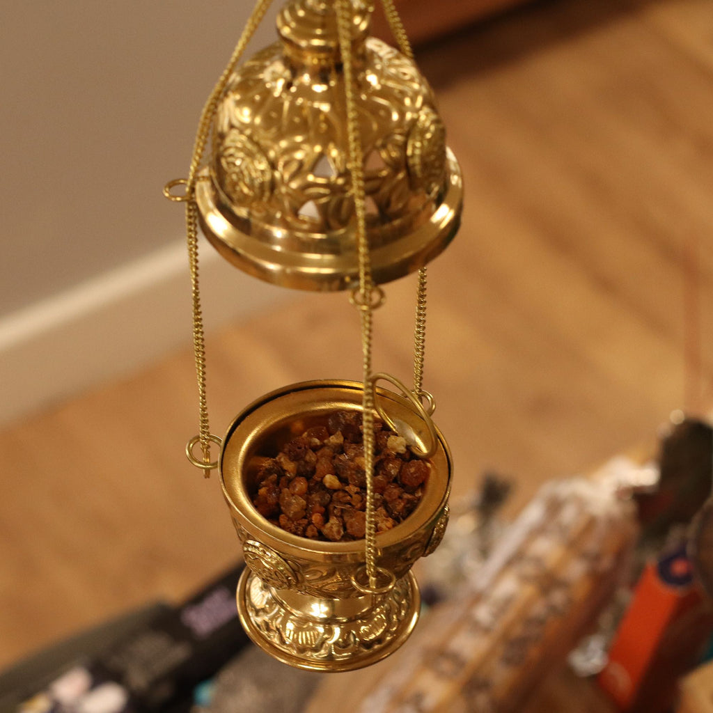 Hanging Brass Incense Burner with Cross Finial – view 2