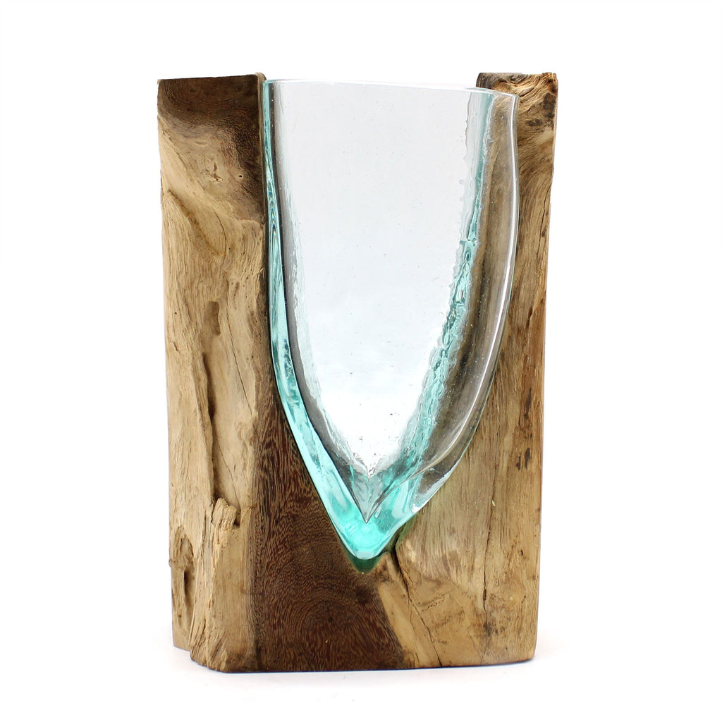 Molten Glass V-Shaped Art Vase on Wood