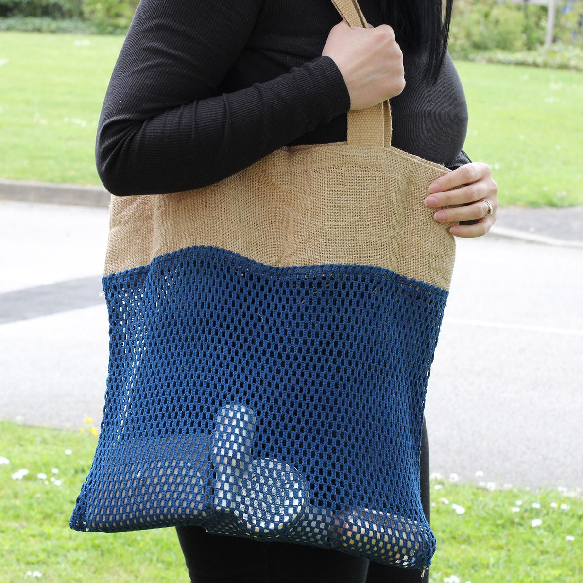 Cotton and Jute Mesh Shopping Bag, Denim – view 4