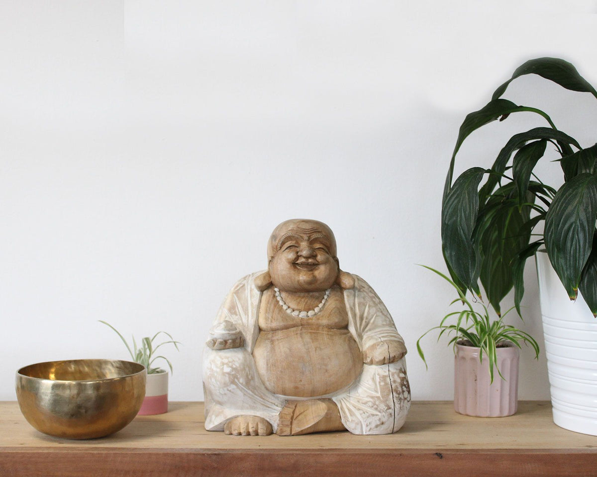 Hand Carved Happy Buddha Statue, Whitewash, 30cm – view 3