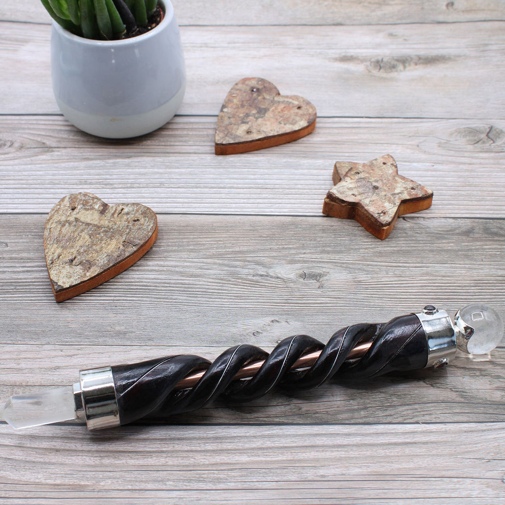 Spiral Carved Healing Wand with Copper Pipe and Rock Quartz