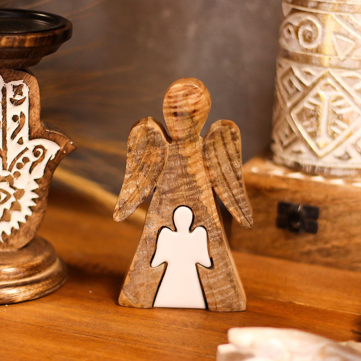 Mango Wood Angel in Angel, White Enamel, 15x3cm – view 7