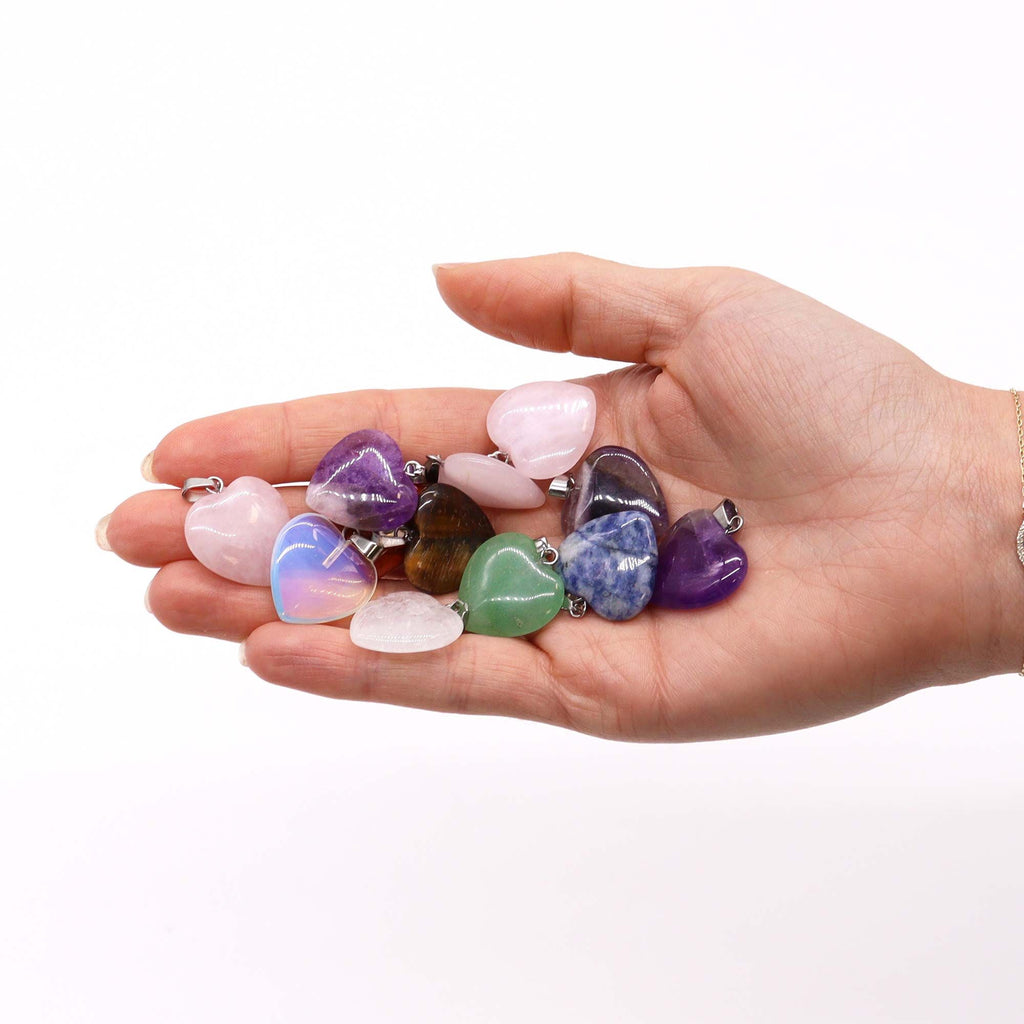 Gemstone Heart Pendants, Set of 12 Assorted Stones, 20x6mm