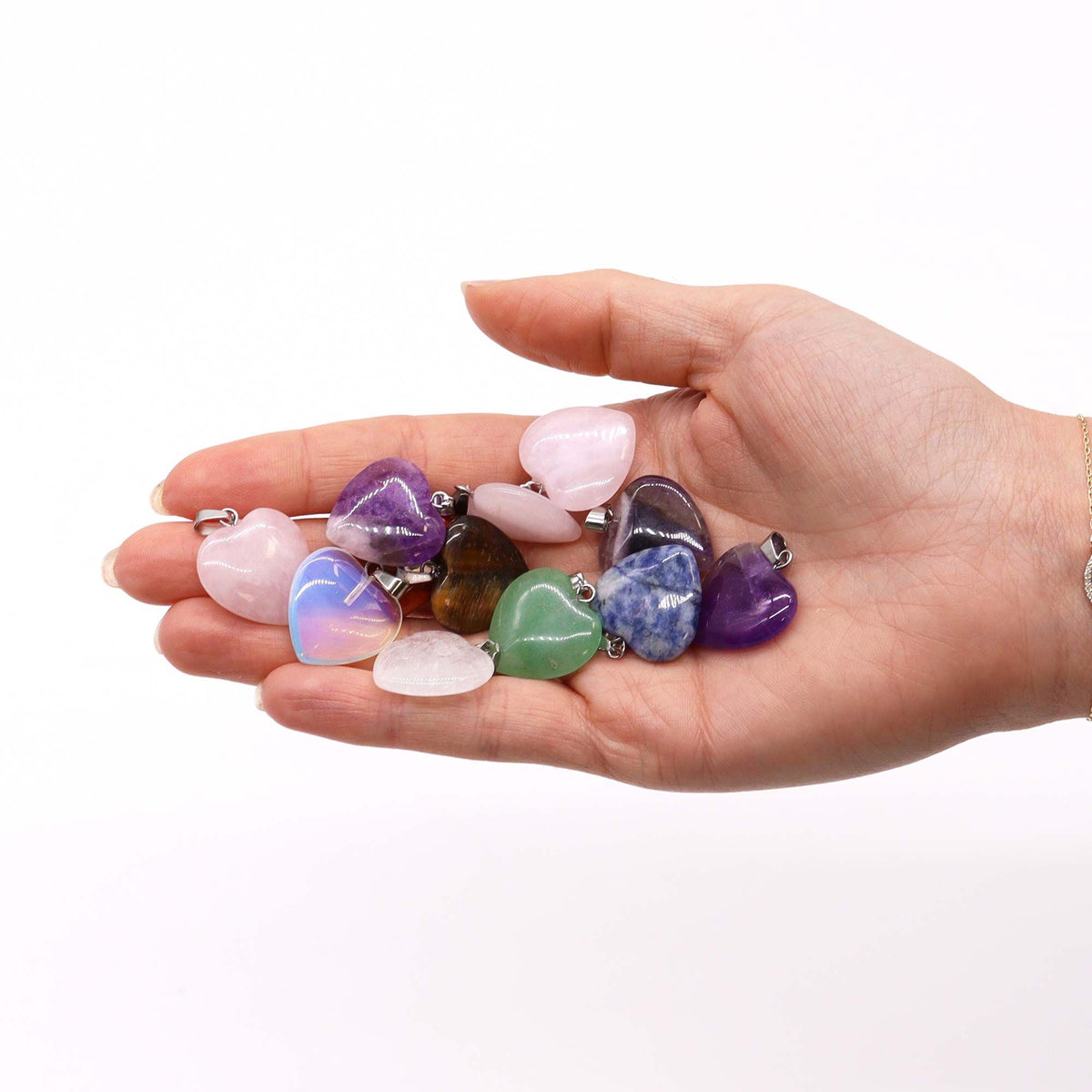 Gemstone Heart Pendants, Set of 12 Assorted Stones, 20x6mm