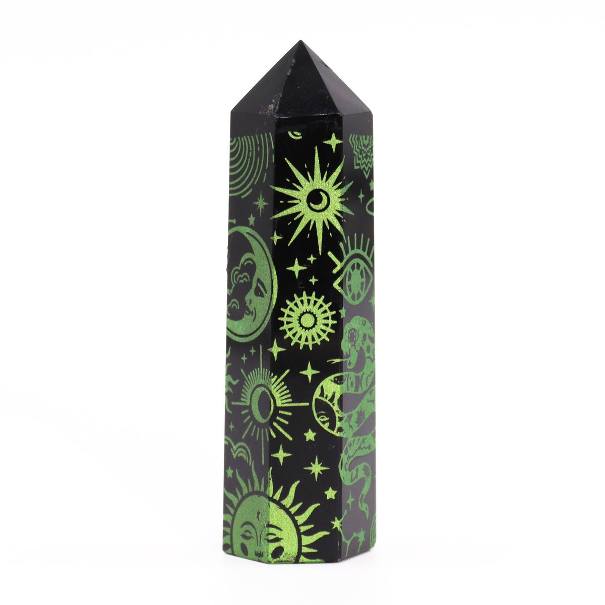 Engraved Black Obsidian Point - Forest Green Celestial Symbols – view 8