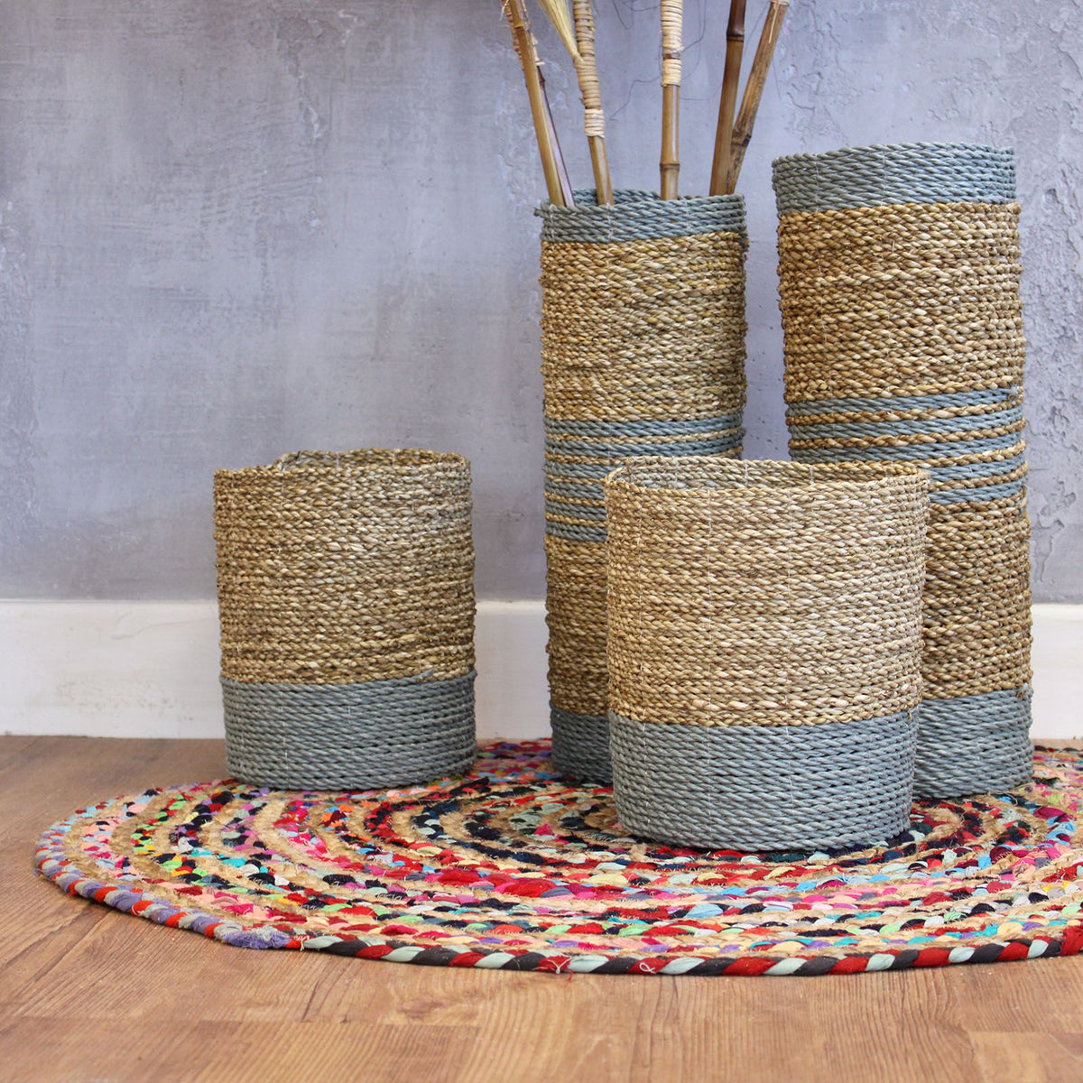 Seagrass and Grey Raffia Vase and Bin Set (2 Vases, 2 Bins) – view 4