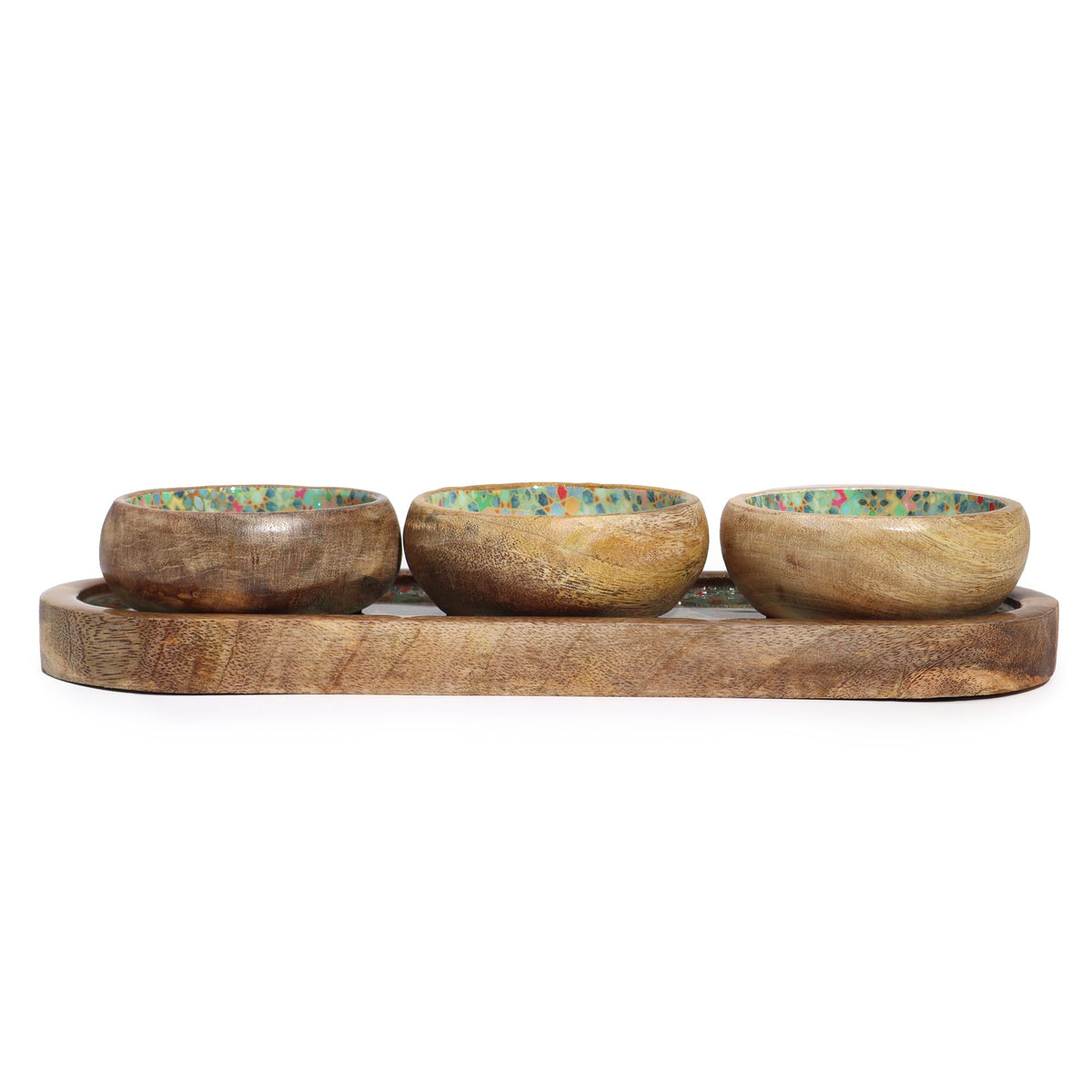 Mango Wood Tray with 3 Bowls - Mediterranean Tile – view 4