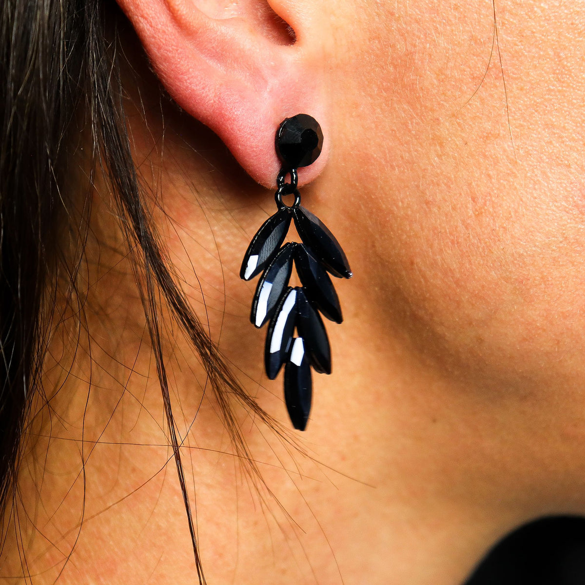 Nymph Jet Black Long Drop Glass Earrings – view 2