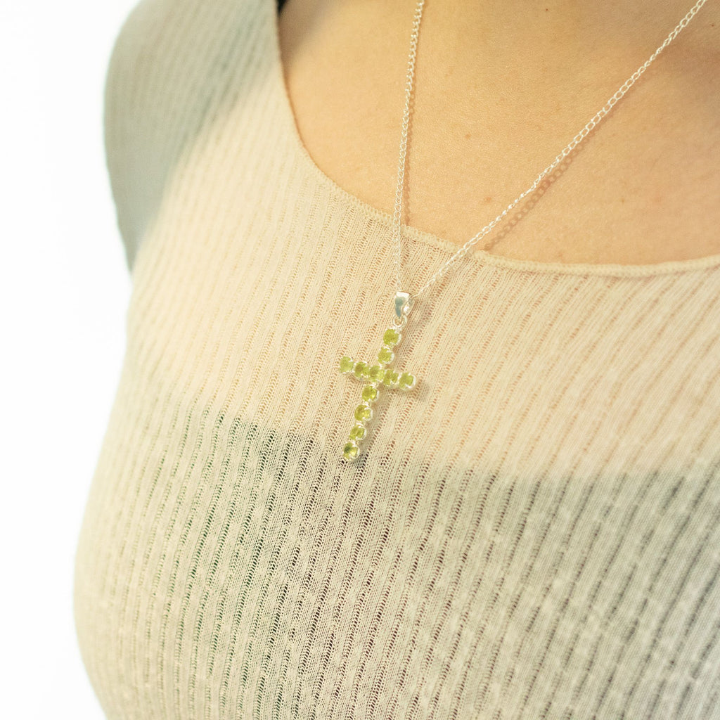 Peridot Crucifix Pendant Necklace on Silver Plated Chain 45cm