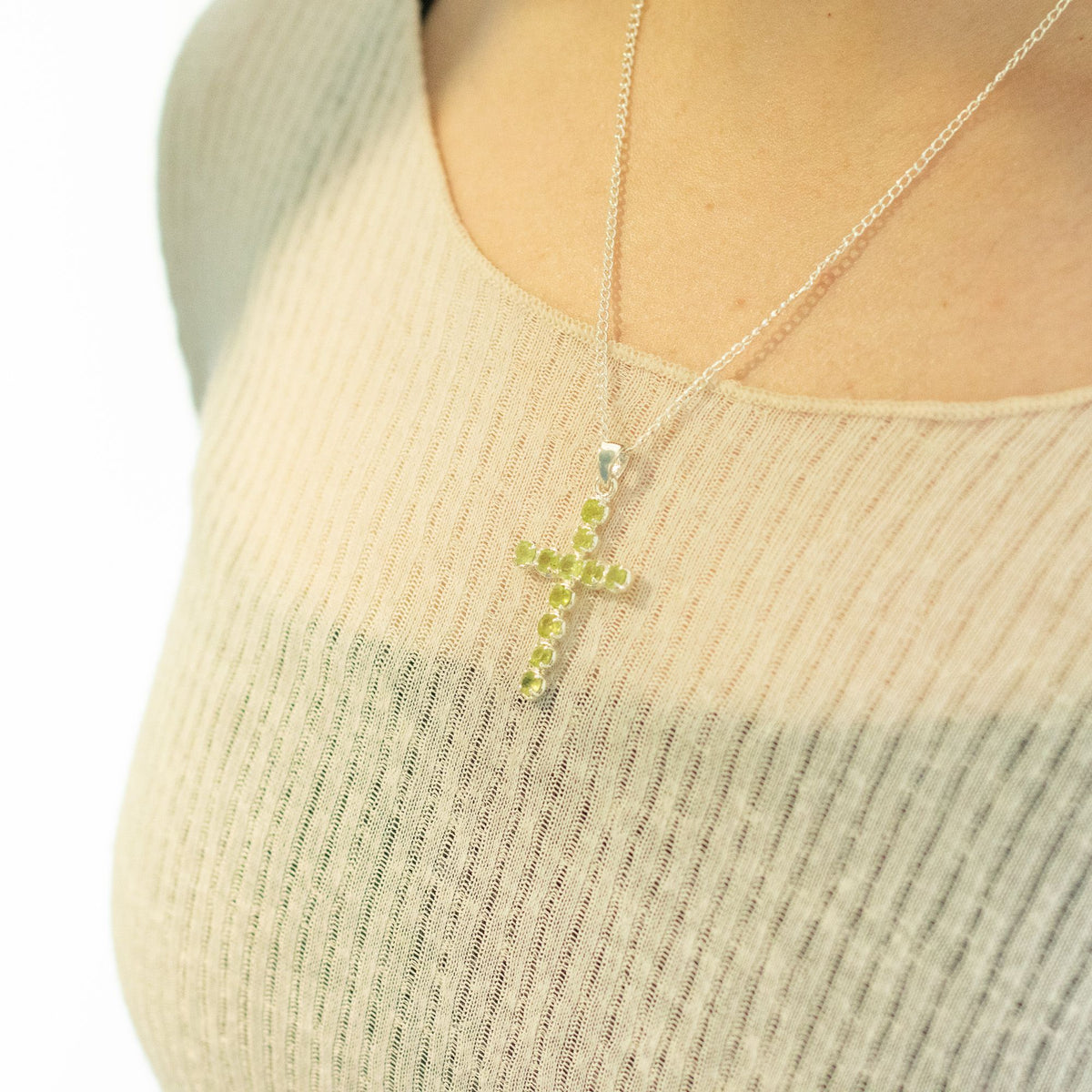 Peridot Crucifix Pendant Necklace on Silver Plated Chain 45cm
