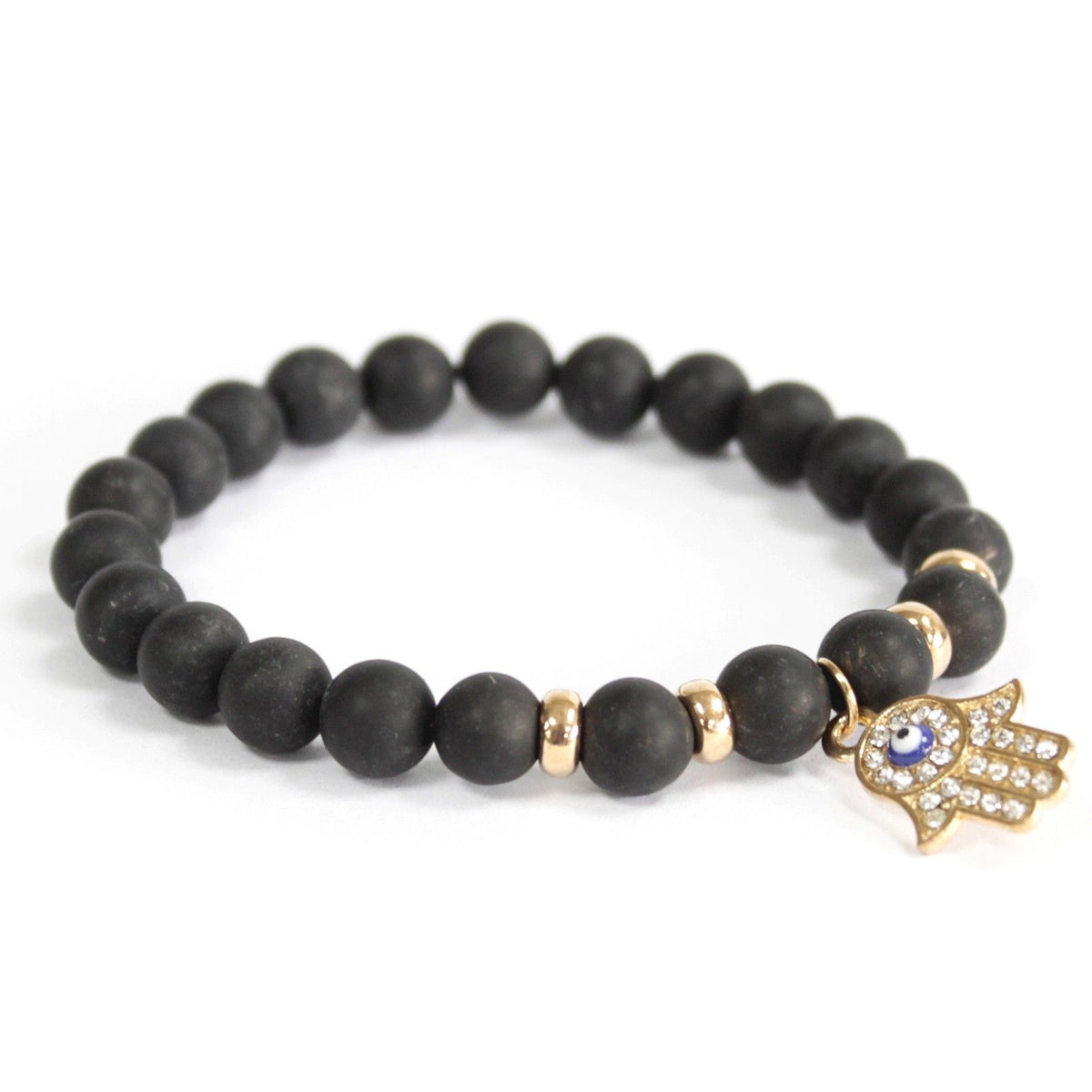 Black Agate Bracelet with Hamsa Charm