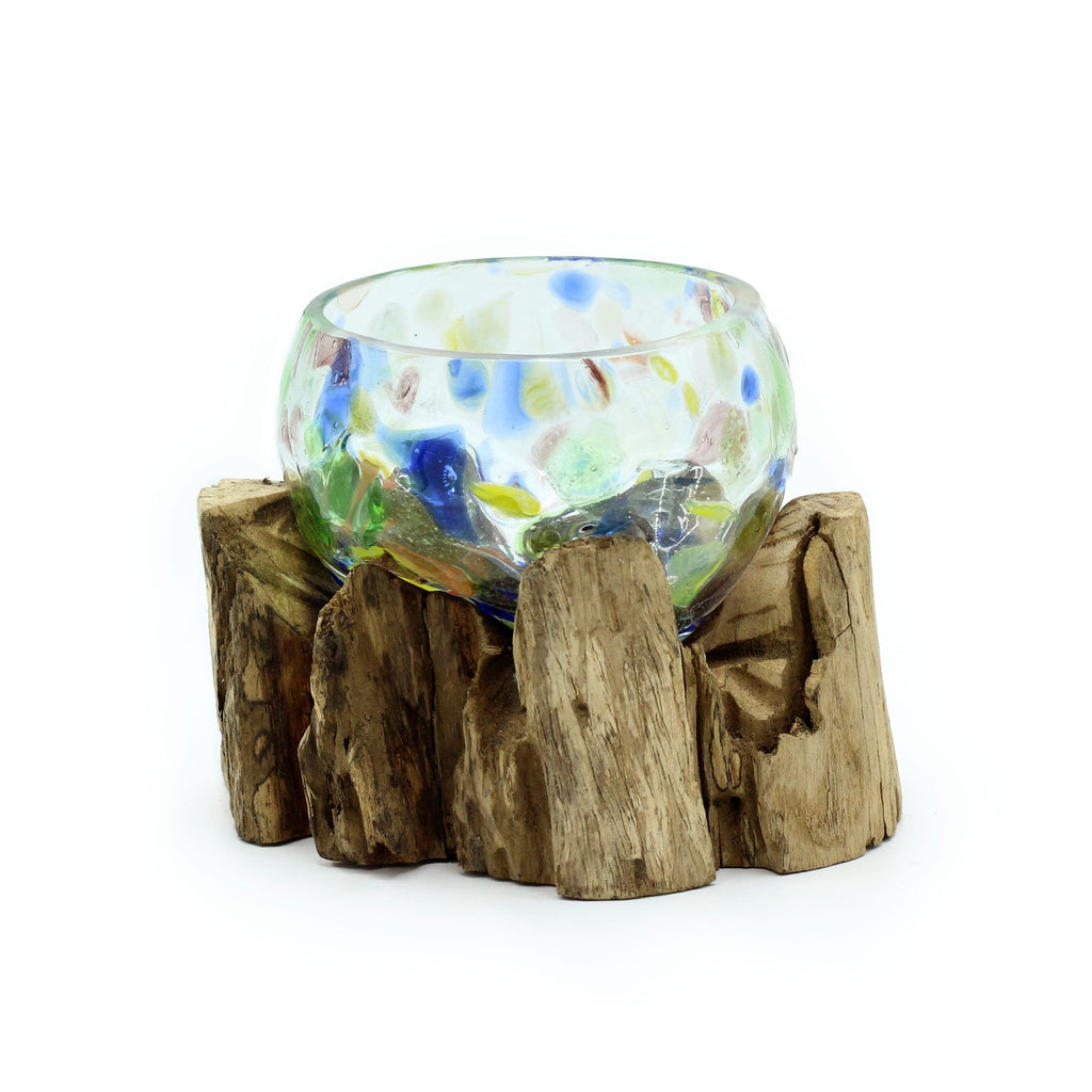 Molten Coloured Glass Bowl on Wood - Small