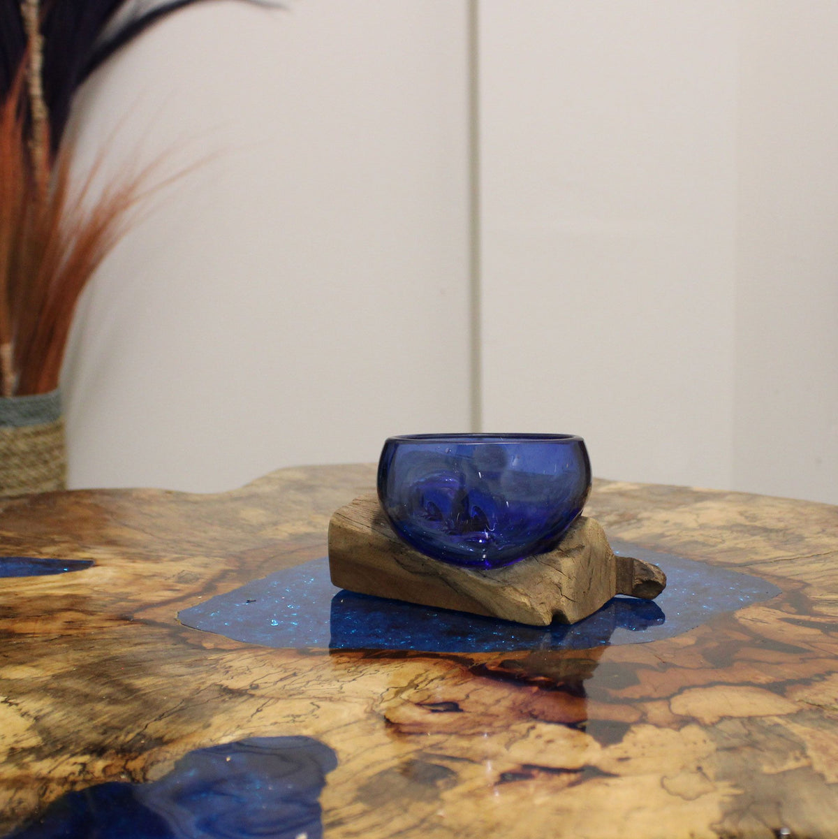 Molten Glass Mini Blue Bowl on Wood – view 3