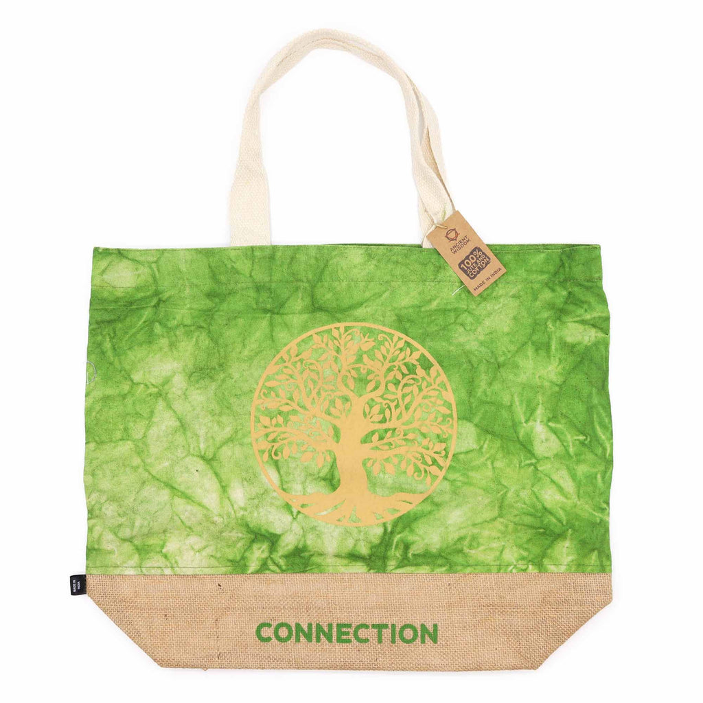 Jute and Cotton Tote Bag - Green Stonewash Tree of Life