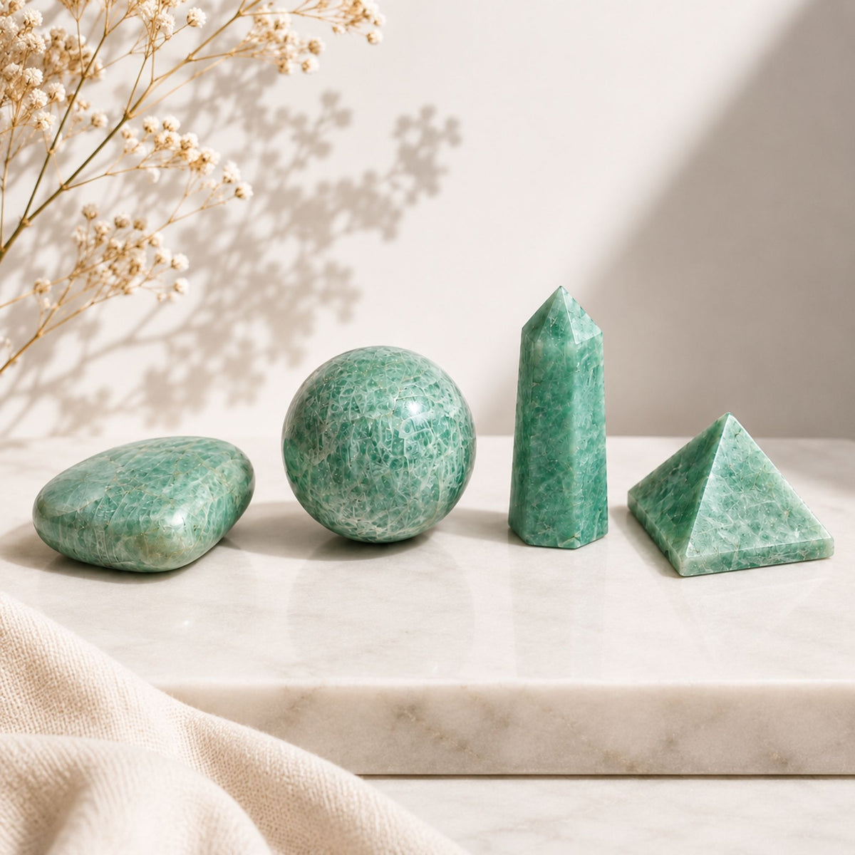 Amazonite Gemstone Shapes Set - Heart, Sphere, Obelisk, Pyramid – view 2